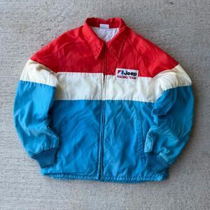 Vintage 70s Jeep Racing Team Jacket Quilted Nylon Red White Blue Tricolor Mens L